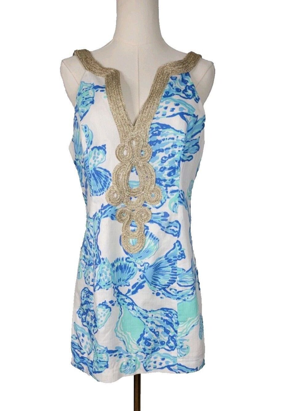 Lilly Pulitzer Emery Shift Dress Sz 8 Resort White Barefoot Princess Blue Gold
